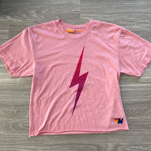 Aviator Nation Women’s Bolt Boyfriend Tee Pink with Hot Pink Bolt Sz S EUC - Picture 2 of 10